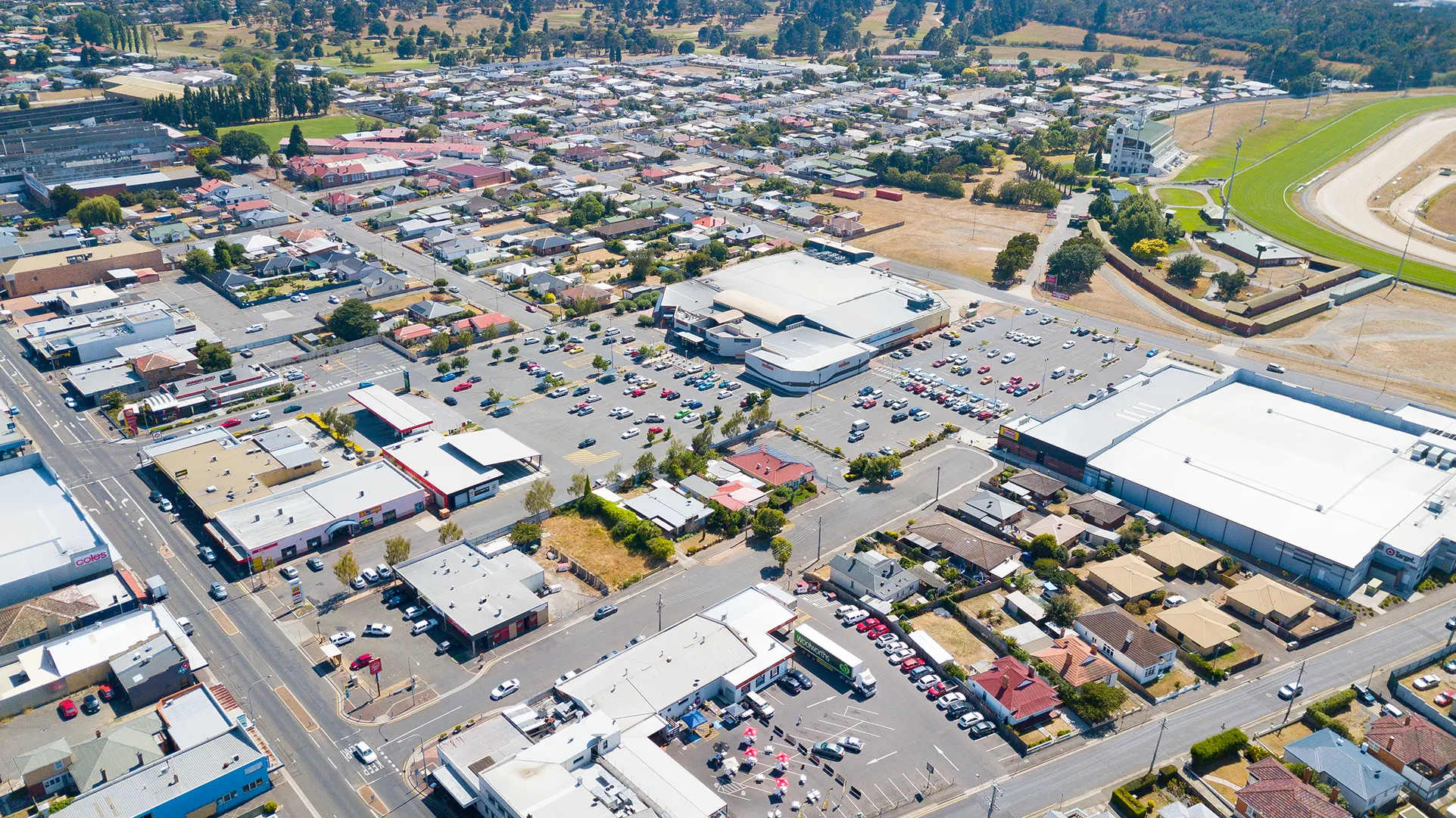 Aerial view of Mowbray Marketplace, sub-regional shopping centre in Launceston, Tasmania, managed under REIT.