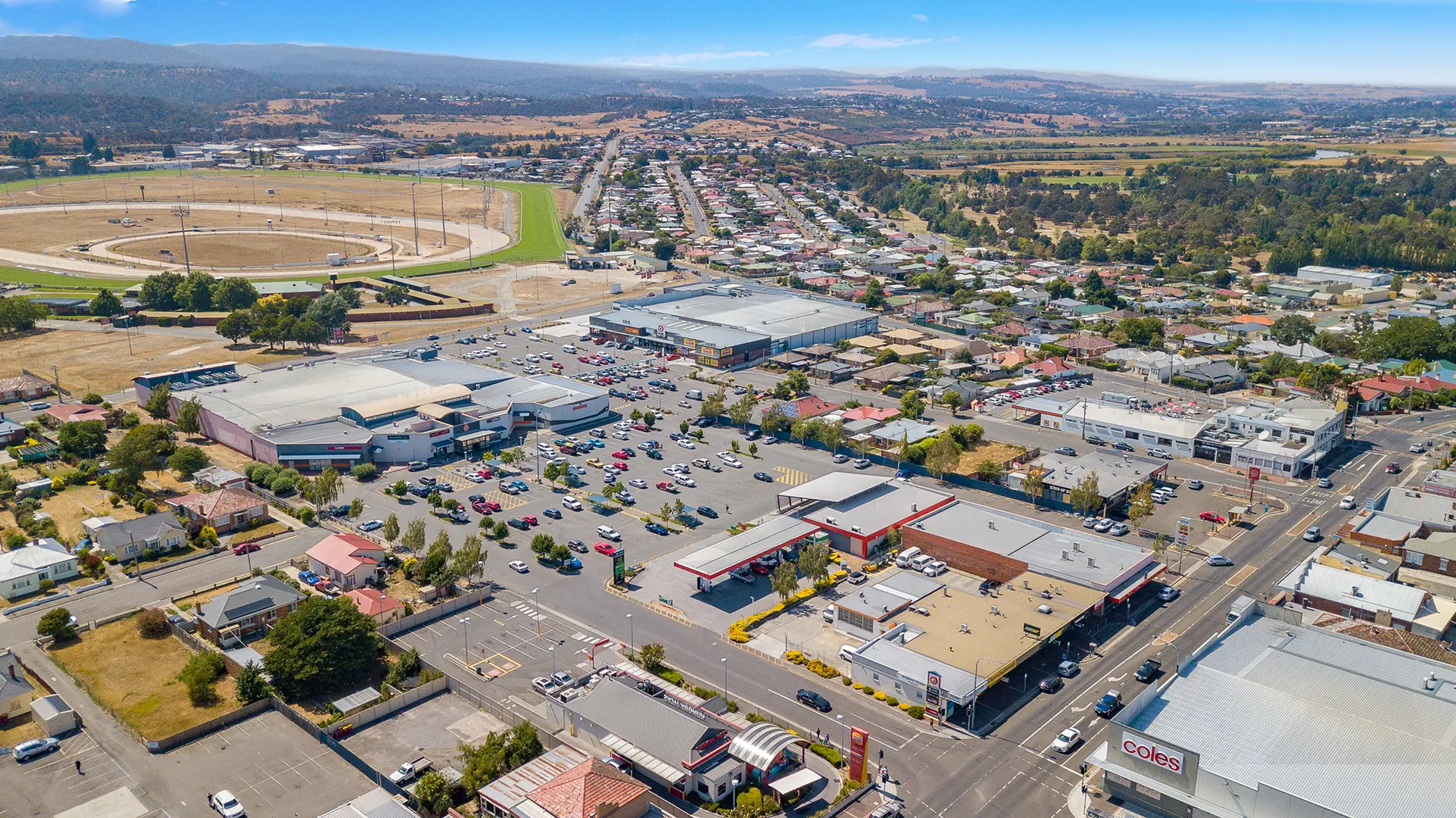 Aerial view of Mowbray Marketplace, sub-regional shopping centre in Launceston, Tasmania, managed under REIT.