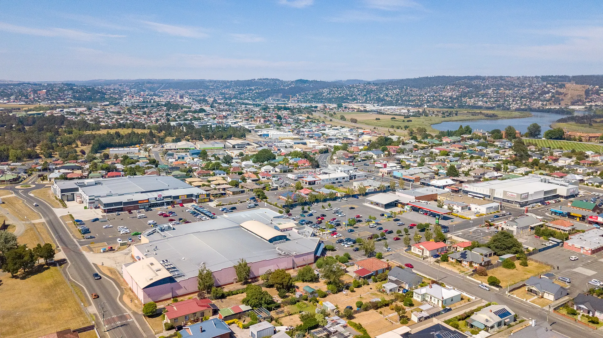 Aerial view of Mowbray Marketplace, sub-regional shopping centre in Launceston, Tasmania, managed under REIT.